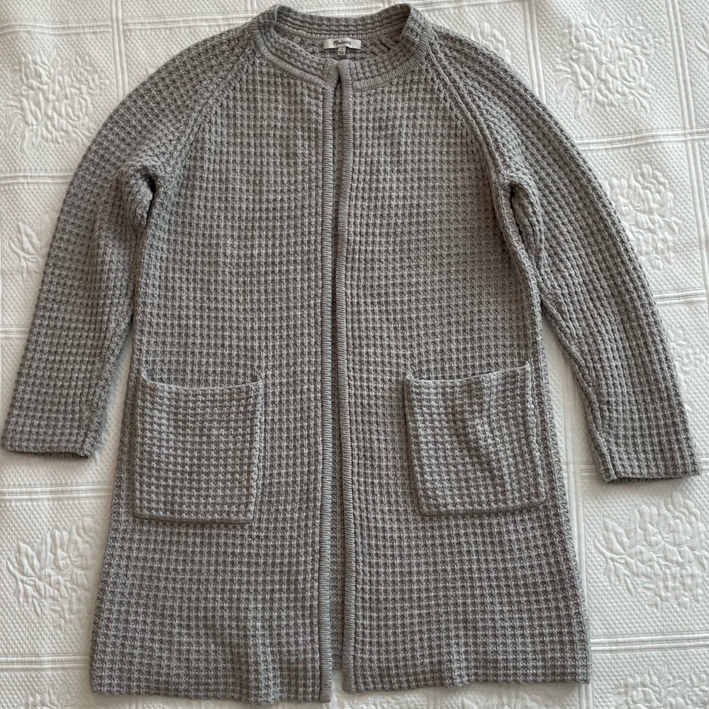 Madewell Waffle Stitch Long Sweater Cardigan Coat Pockets Gray/Silver Wool Blend - Picture 6 of 16